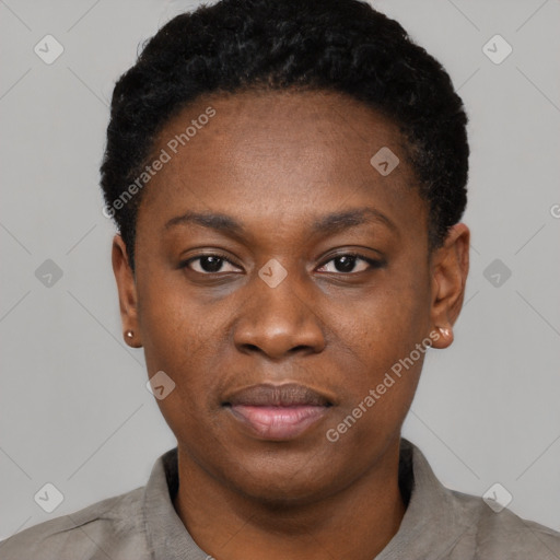 Neutral black young-adult female with short  black hair and brown eyes