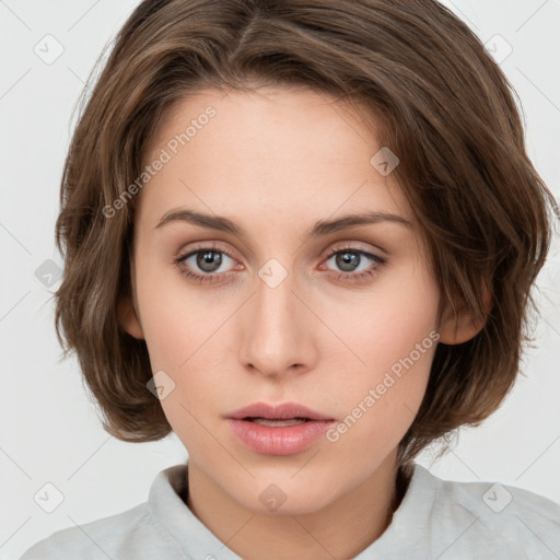 Neutral white young-adult female with medium  brown hair and brown eyes