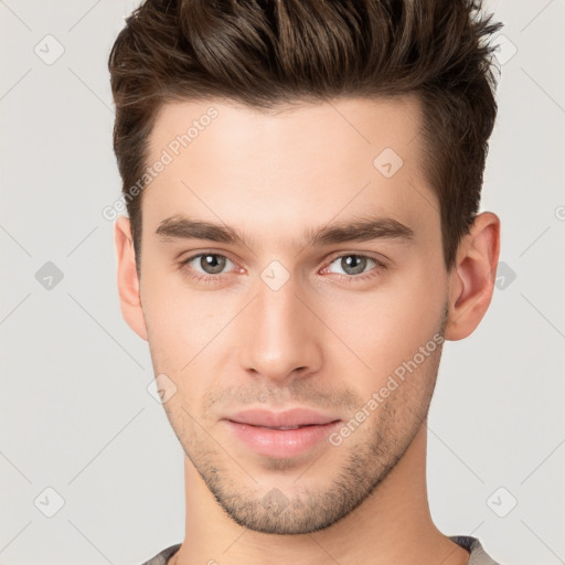 Neutral white young-adult male with short  brown hair and brown eyes