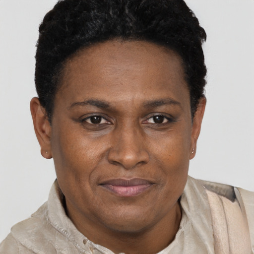 Joyful black adult female with short  brown hair and brown eyes