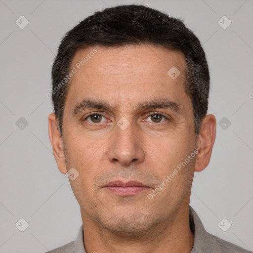 Neutral white adult male with short  brown hair and brown eyes