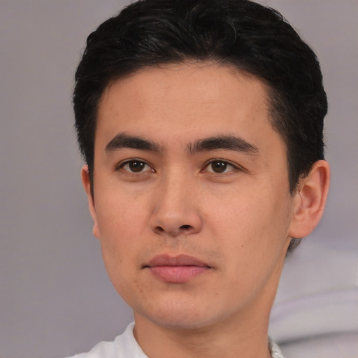 Neutral asian young-adult male with short  brown hair and brown eyes