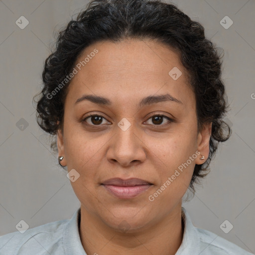 Joyful white adult female with short  brown hair and brown eyes