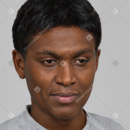 Neutral black young-adult male with short  black hair and brown eyes