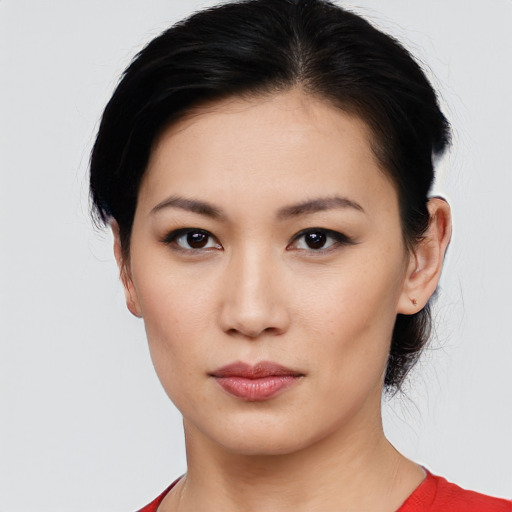 Neutral asian young-adult female with short  black hair and brown eyes