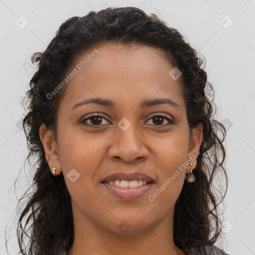 Joyful latino young-adult female with long  brown hair and brown eyes