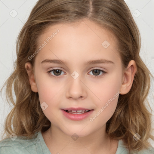 Joyful white child female with medium  brown hair and brown eyes