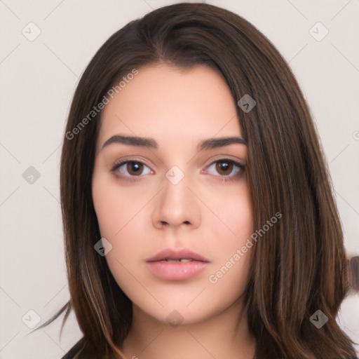 Neutral white young-adult female with long  brown hair and brown eyes