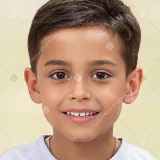 Joyful white child male with short  brown hair and brown eyes