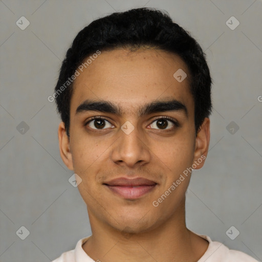 Joyful latino young-adult male with short  black hair and brown eyes