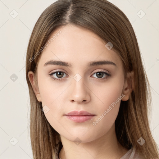 Neutral white young-adult female with long  brown hair and brown eyes