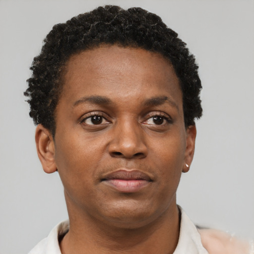 Neutral black young-adult female with short  brown hair and brown eyes