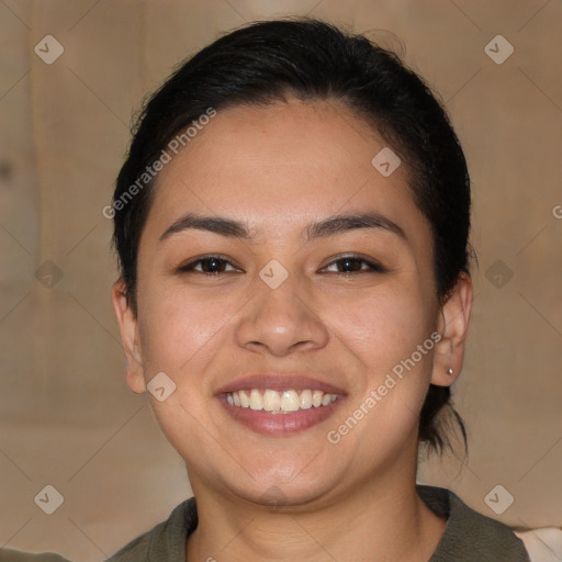 Joyful white young-adult female with medium  brown hair and brown eyes