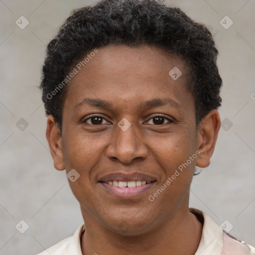 Joyful latino adult male with short  brown hair and brown eyes