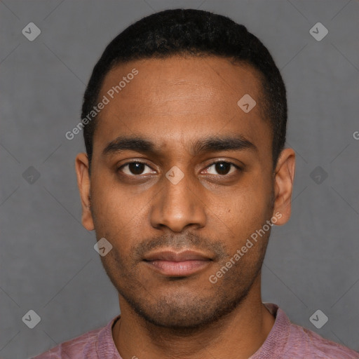 Neutral latino young-adult male with short  black hair and brown eyes