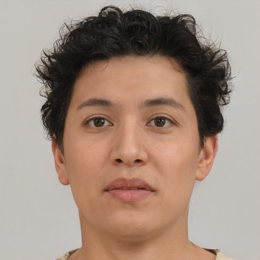Neutral asian young-adult female with short  brown hair and brown eyes
