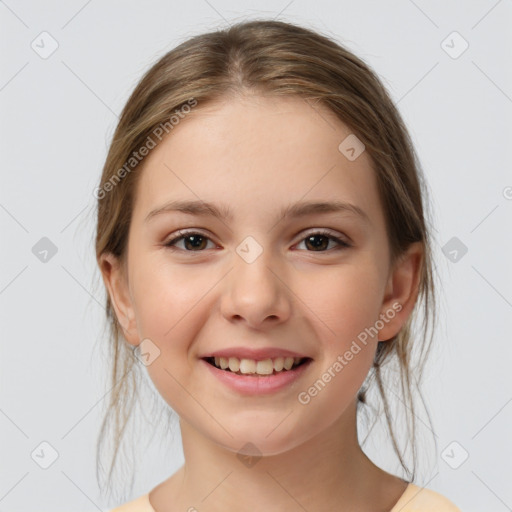 Joyful white child female with medium  brown hair and brown eyes