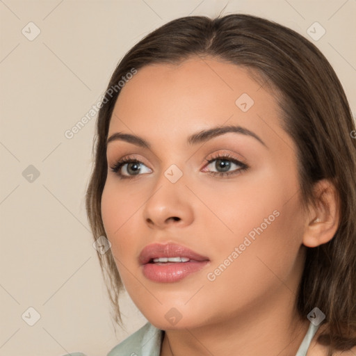 Neutral white young-adult female with medium  brown hair and brown eyes