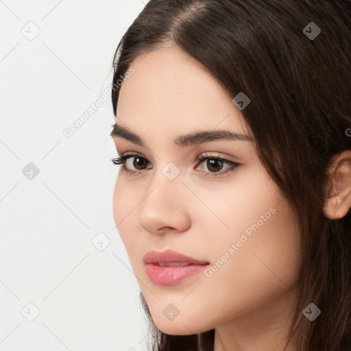 Neutral white young-adult female with long  black hair and brown eyes