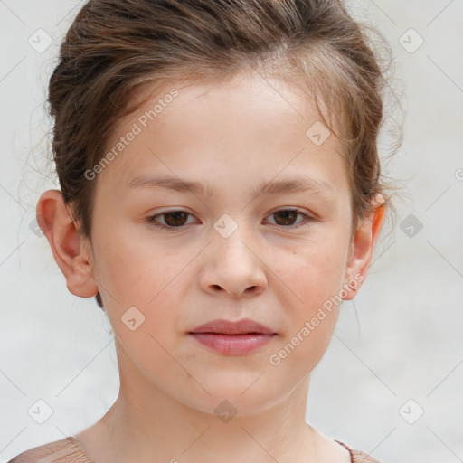 Joyful white child female with short  brown hair and brown eyes