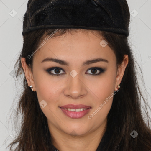 Joyful latino young-adult female with long  brown hair and brown eyes