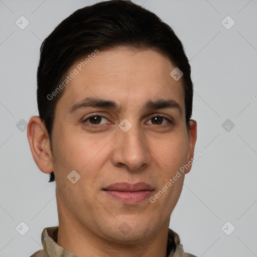 Joyful white adult male with short  brown hair and brown eyes