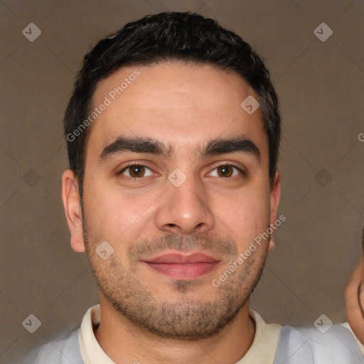 Joyful white young-adult male with short  brown hair and brown eyes