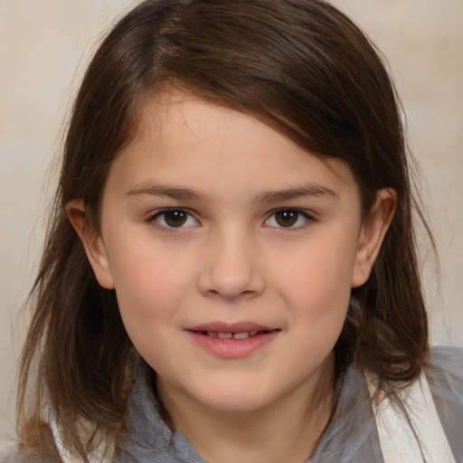 Joyful white child female with medium  brown hair and brown eyes