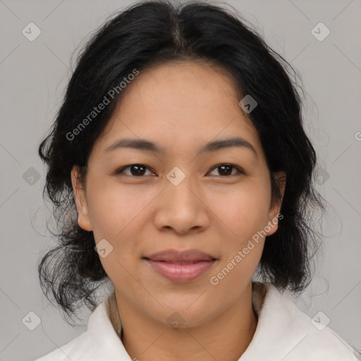 Joyful asian young-adult female with medium  black hair and brown eyes