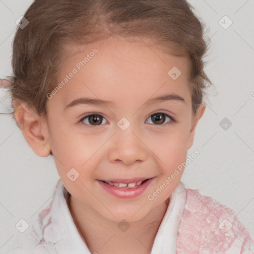 Joyful white child female with short  brown hair and brown eyes