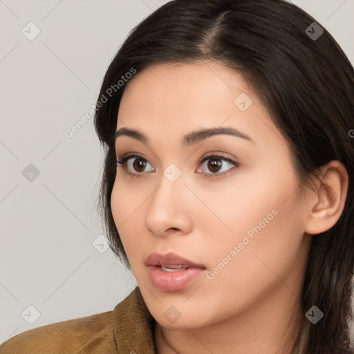 Neutral asian young-adult female with long  brown hair and brown eyes