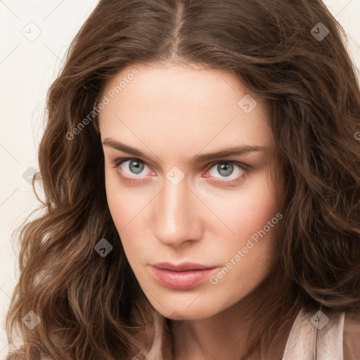 Neutral white young-adult female with long  brown hair and grey eyes