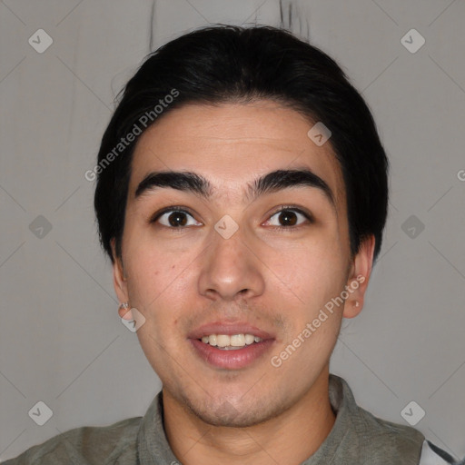 Joyful white young-adult male with short  black hair and brown eyes