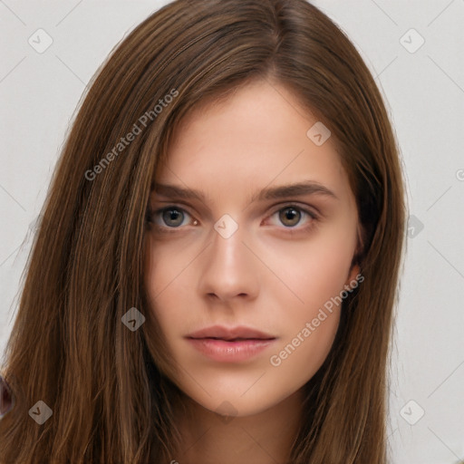 Neutral white young-adult female with long  brown hair and brown eyes