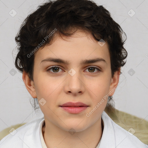 Joyful white child female with medium  brown hair and brown eyes