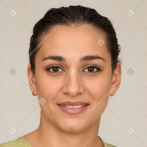 Joyful white young-adult female with short  brown hair and brown eyes