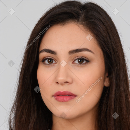 Neutral white young-adult female with long  brown hair and brown eyes