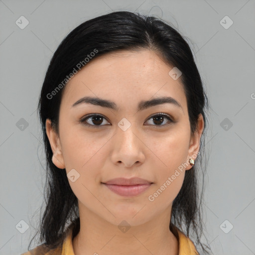 Joyful asian young-adult female with medium  black hair and brown eyes