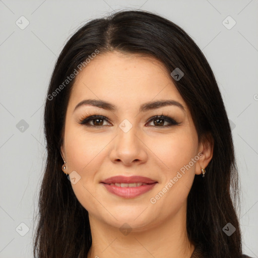 Joyful latino young-adult female with long  brown hair and brown eyes