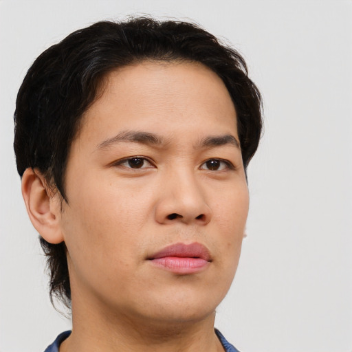 Neutral asian young-adult male with short  brown hair and brown eyes