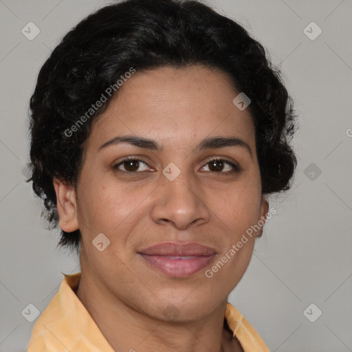 Joyful latino young-adult female with short  brown hair and brown eyes