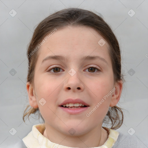 Joyful white child female with medium  brown hair and brown eyes