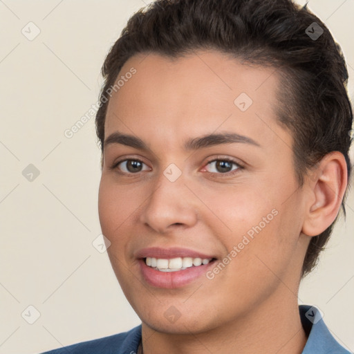 Joyful white young-adult female with short  brown hair and brown eyes