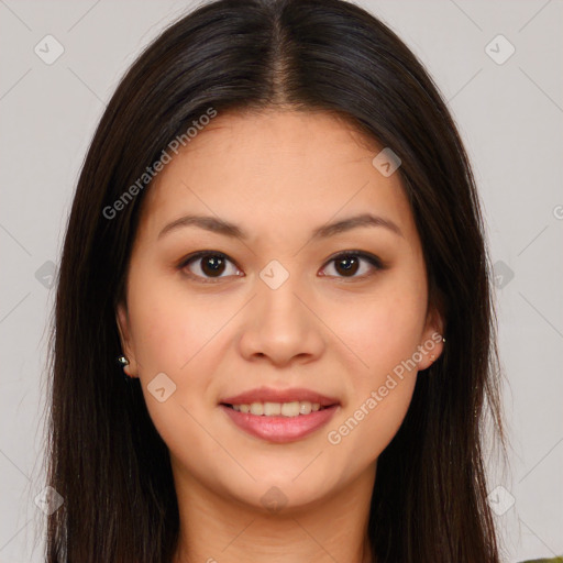 Joyful white young-adult female with long  brown hair and brown eyes