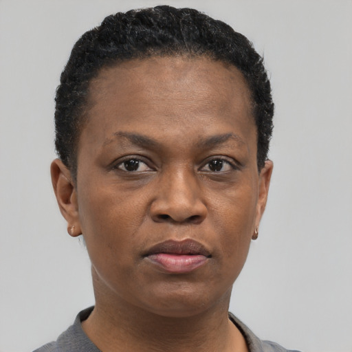 Joyful black adult female with short  brown hair and brown eyes