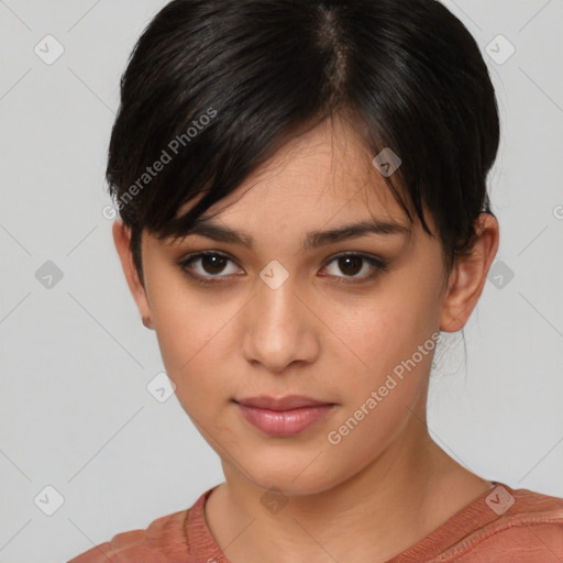 Neutral white young-adult female with short  brown hair and brown eyes