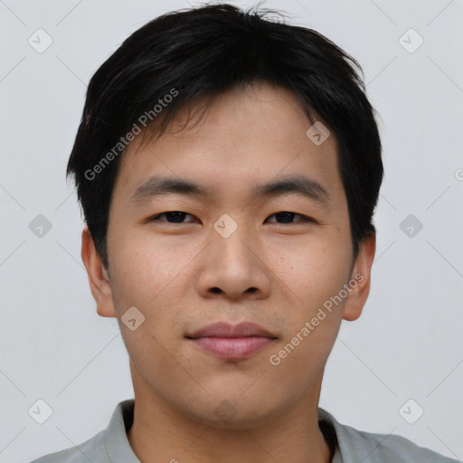 Neutral asian young-adult male with short  black hair and brown eyes