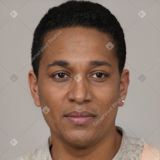 Neutral latino adult male with short  black hair and brown eyes