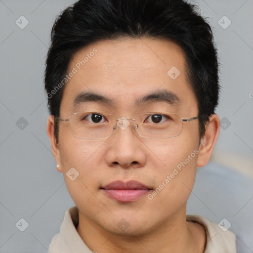 Joyful asian young-adult male with short  brown hair and brown eyes