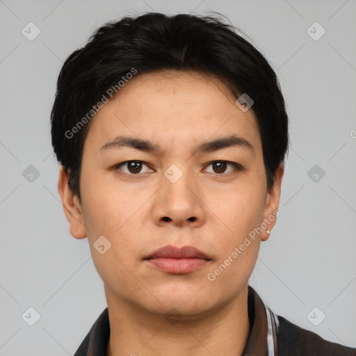 Neutral asian young-adult male with short  black hair and brown eyes